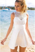 Short Open Back White Stretch Satin Homecoming Dress with Lace PG128 by pgmdress