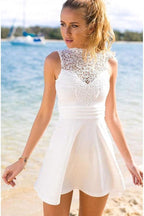 Short Open Back White Stretch Satin Homecoming Dress with Lace PG128 by pgmdress