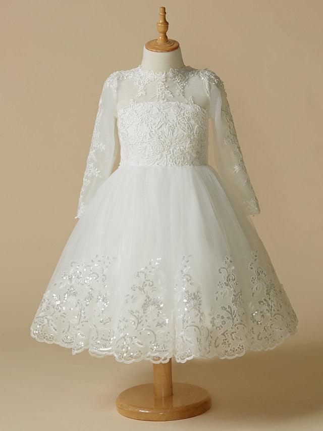 Short Princess Lace Tulle Wedding First Communion Flower Girl Dresses with Sl… - photo 1
