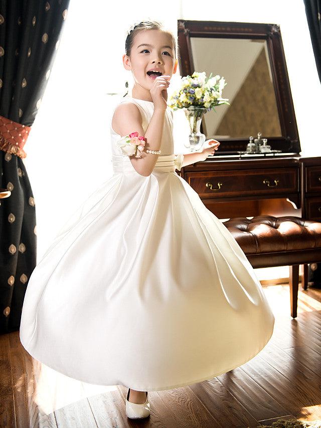 Short Princess Satin Jewel Neck Wedding First Communion Flower Girl Dresses - photo 2