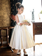 Short Princess Satin Jewel Neck Wedding First Communion Flower Girl Dresses - photo 3