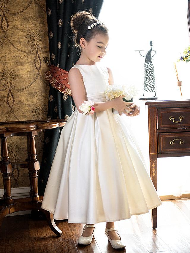Short Princess Satin Jewel Neck Wedding First Communion Flower Girl Dresses - photo 3
