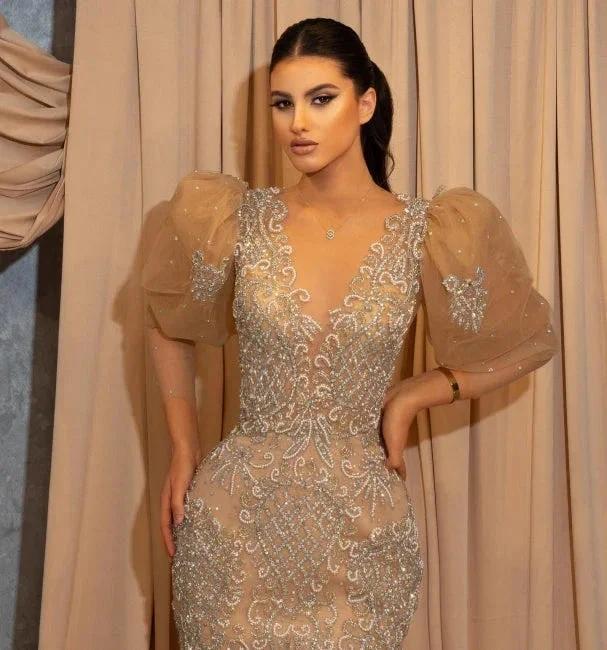 Short Puffy Sleeves V-neck Appliques Lace Floor-length Mermaid Prom Dress by misshow.com