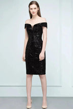 Short Sequined Sheath Off-shoulder Black Prom Dresses by misshow.com