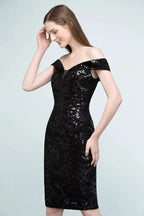 Short Sequined Sheath Off-shoulder Black Prom Dresses by misshow.com