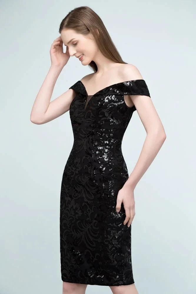 Short Sequined Sheath Off-shoulder Black Prom Dresses by misshow.com