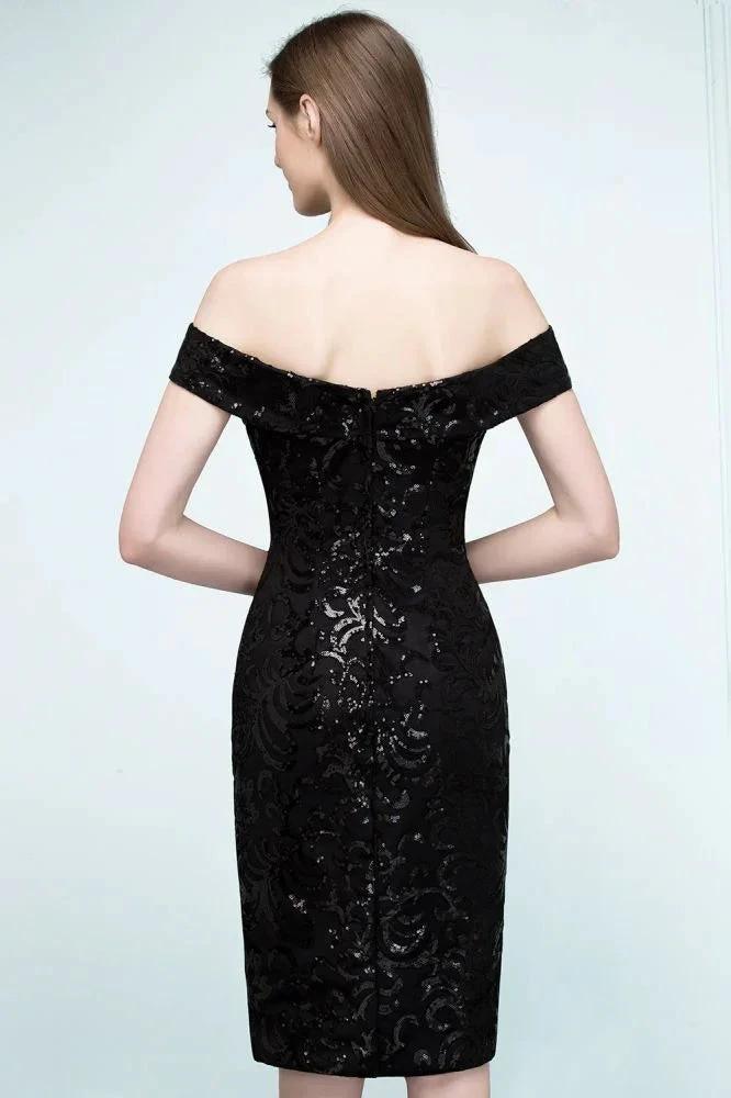 Short Sequined Sheath Off-shoulder Black Prom Dresses by misshow.com