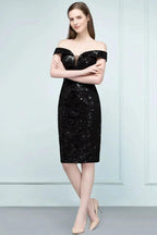 Short Sequined Sheath Off-shoulder Black Prom Dresses by misshow.com