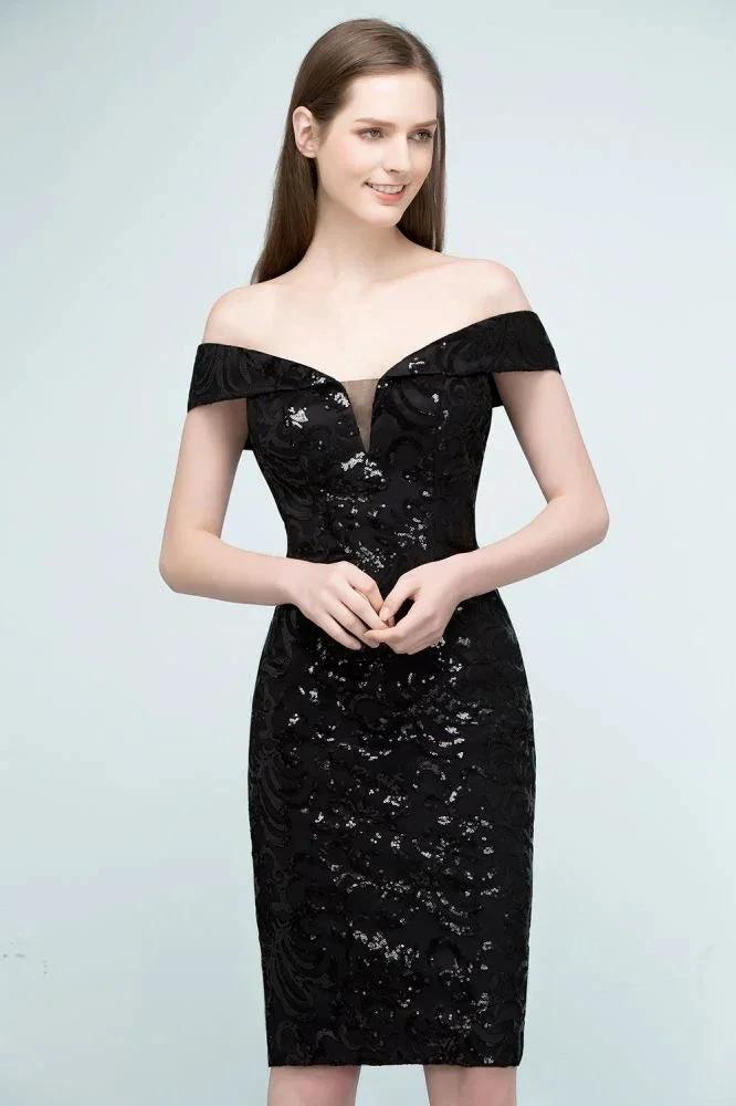 Short Sequined Sheath Off-shoulder Black Prom Dresses by misshow.com