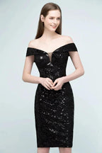 Short Sequined Sheath Off-shoulder Black Prom Dresses by misshow.com