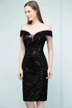 Short Sequined Sheath Off-shoulder Black Prom Dresses by misshow.com