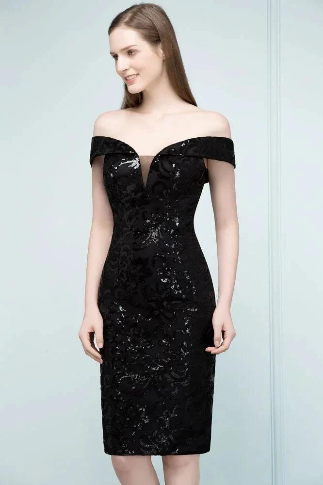 Short Sequined Sheath Off-shoulder Black Prom Dresses by misshow.com