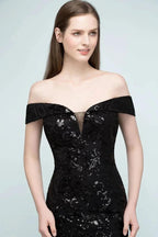 Short Sequined Sheath Off-shoulder Black Prom Dresses by misshow.com