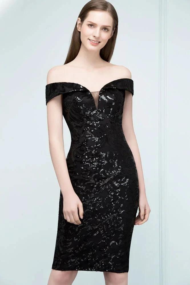 Short Sequined Sheath Off-shoulder Black Prom Dresses by misshow.com