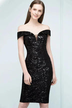 Short Sequined Sheath Off-shoulder Black Prom Dresses by misshow.com