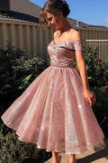 Short Sequins A-line Off-the-shoulder Backless Sparkly Prom Dress by BIZTUNNEL