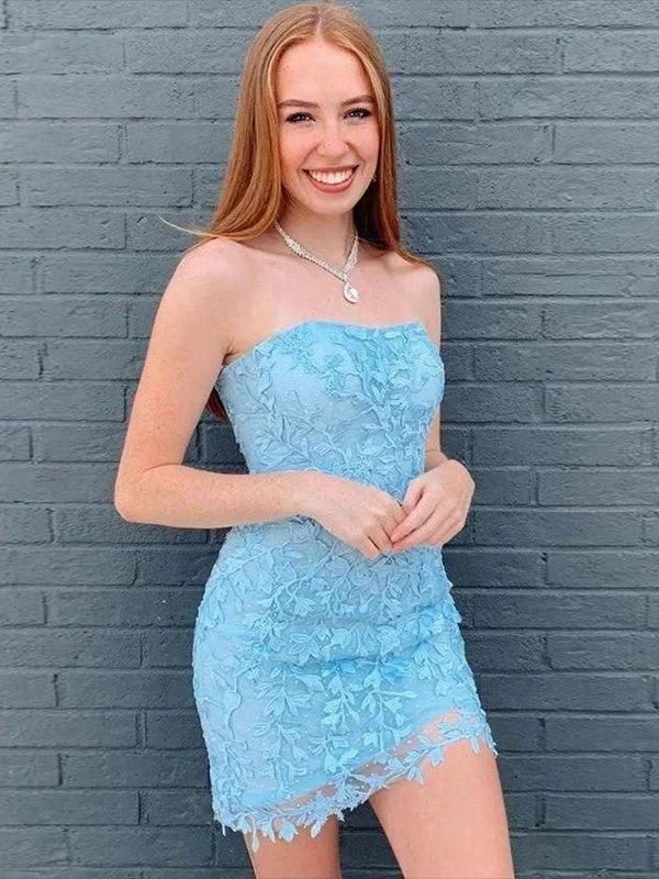 Short Sheath Column Strapless Sleeveless Lace Prom Dresses by BIZTUNNEL