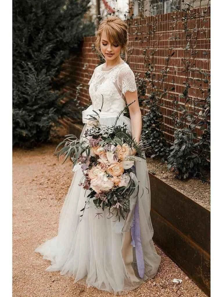 Short Sleeve Lace and Tulle Silver Wedding Dresses with Sash WD386 by pgmdress