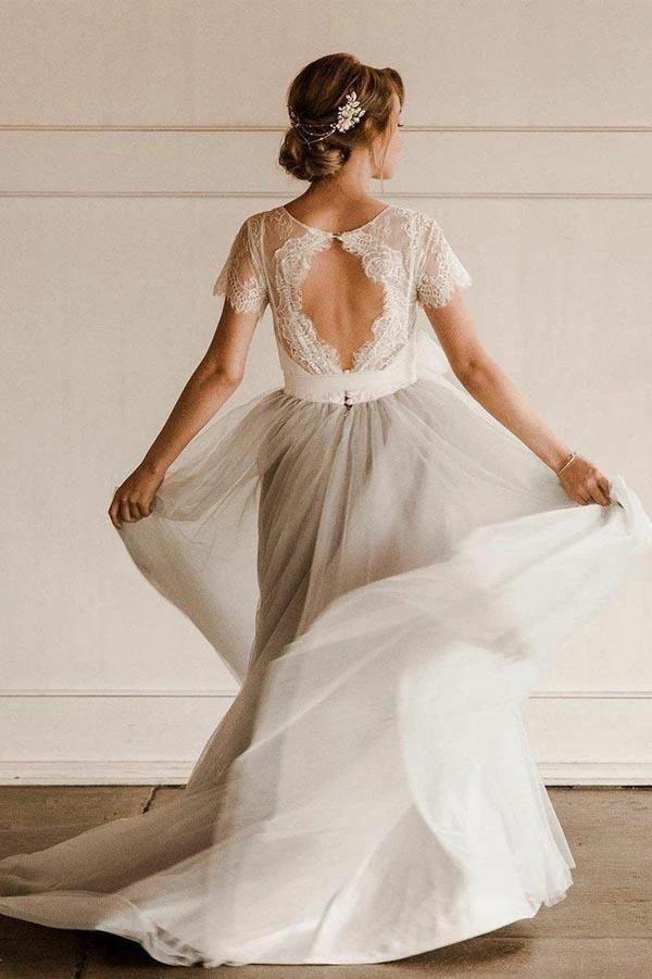 Short Sleeve Lace and Tulle Silver Wedding Dresses with Sash WD386 by pgmdress