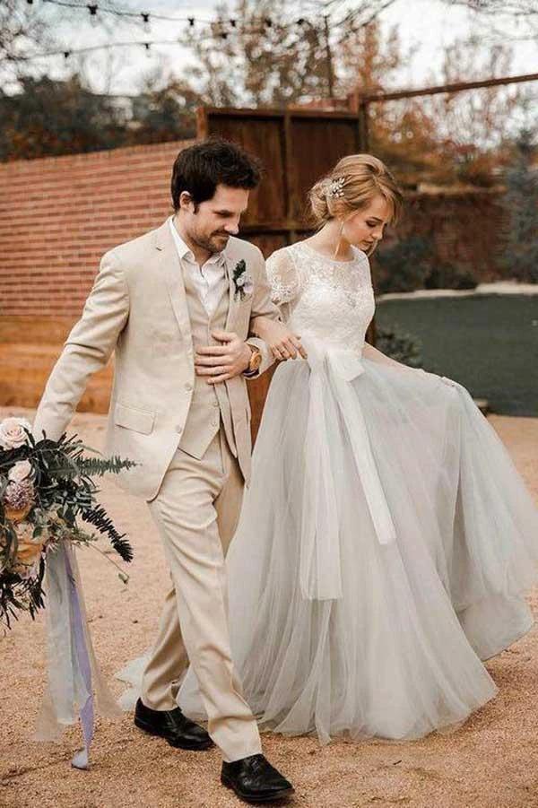 Short Sleeve Lace and Tulle Silver Wedding Dresses with Sash WD386 by pgmdress