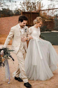 Short Sleeve Lace and Tulle Silver Wedding Dresses with Sash WD386 by pgmdress