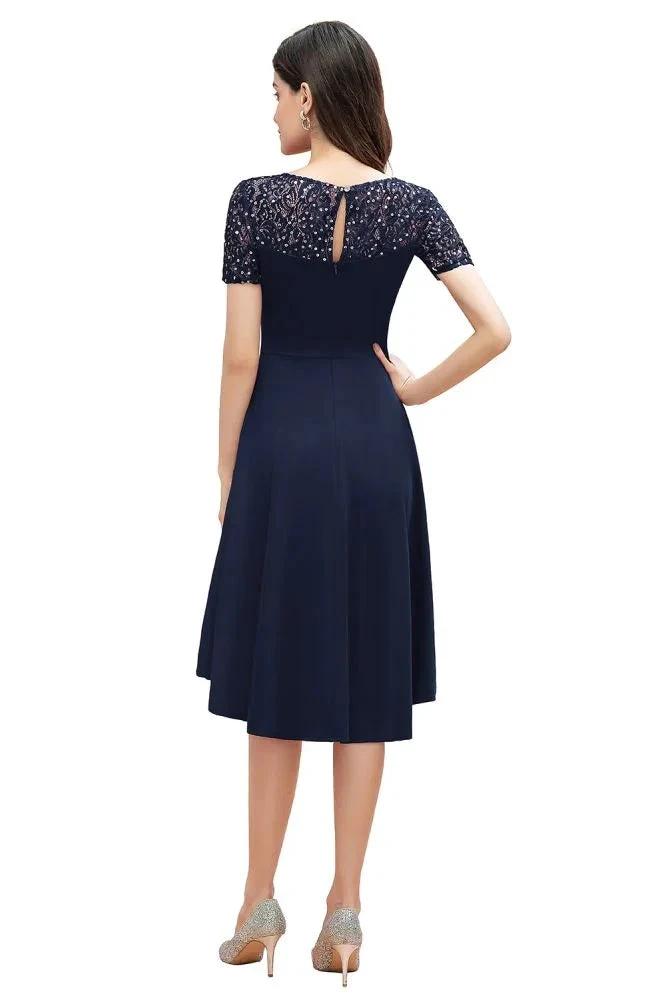 Short Sleeve Sequin Hi-Lo Cocktail Party Dress Burgundy Aline Daily Casual Dress by misshow.com