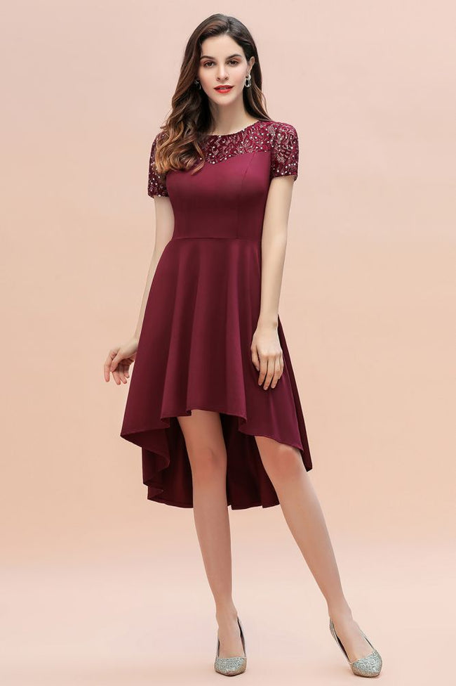 Short Sleeve Sequin Hi-Lo Cocktail Party Dress Burgundy Aline Daily Casual Dress Main Image