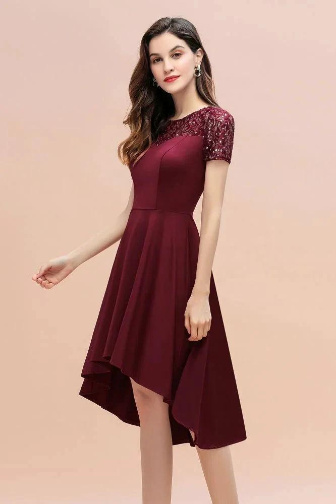 Short Sleeve Sequin Hi-Lo Cocktail Party Dress Burgundy Aline Daily Casual Dress by misshow.com