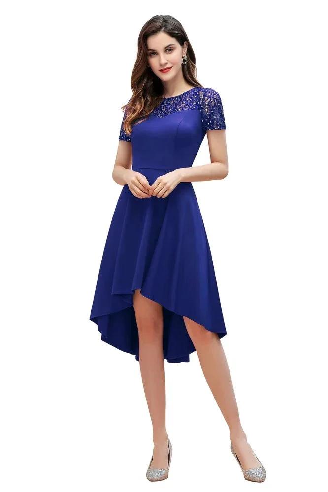 Short Sleeve Sequin Hi-Lo Cocktail Party Dress Burgundy Aline Daily Casual Dress by misshow.com