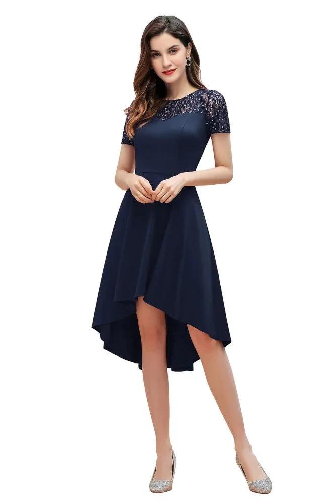 Short Sleeve Sequin Hi-Lo Cocktail Party Dress Burgundy Aline Daily Casual Dress by misshow.com