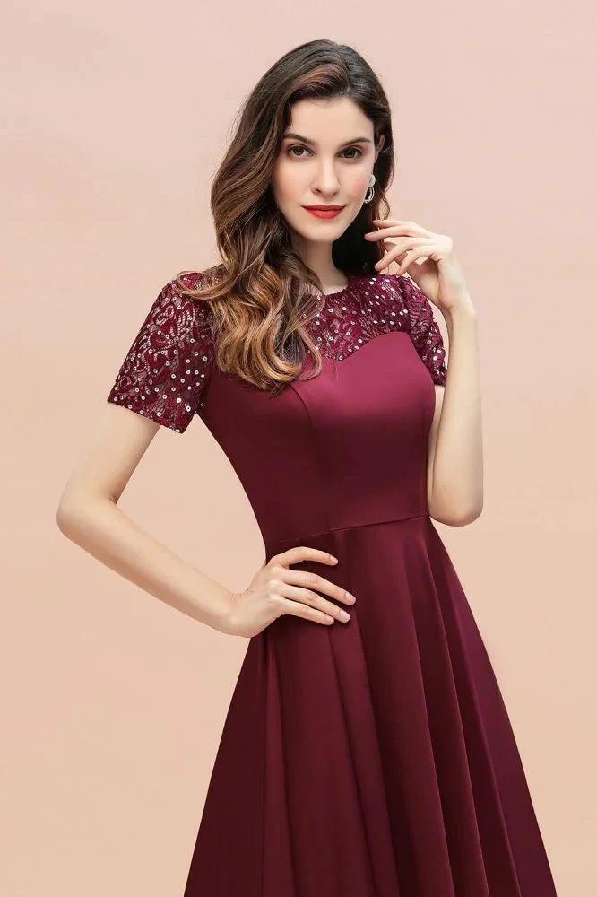 Short Sleeve Sequin Hi-Lo Cocktail Party Dress Burgundy Aline Daily Casual Dress by misshow.com