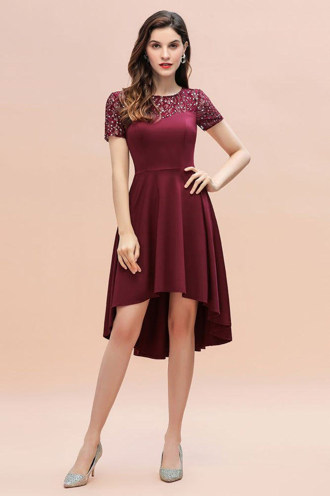 Short Sleeve Sequin Hi-Lo Cocktail Party Dress Burgundy Aline Daily Casual Dress Hover Image