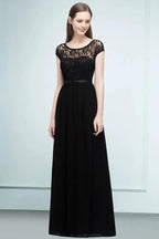 Short Sleeves Lace A-line Floor Length Bridesmaid Dresses with Sash by misshow.com