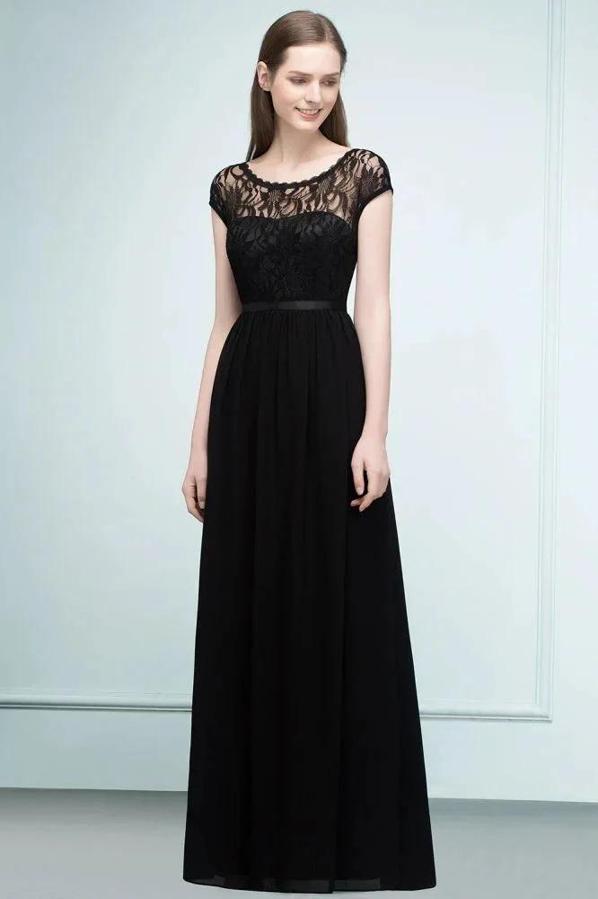 Short Sleeves Lace A-line Floor Length Bridesmaid Dresses with Sash by misshow.com