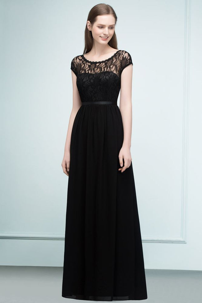 Short Sleeves Lace A-line Floor Length Bridesmaid Dresses with Sash Main Image