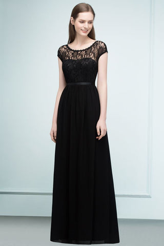 Vestidos de dama de honor de manga corta con encaje, corte A, largo hasta el suelo, con faja