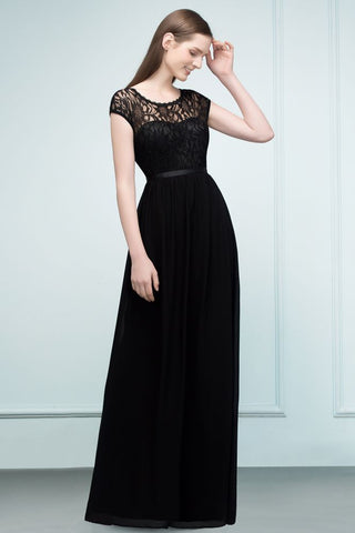 Vestidos de dama de honor de manga corta con encaje, corte A, largo hasta el suelo, con faja