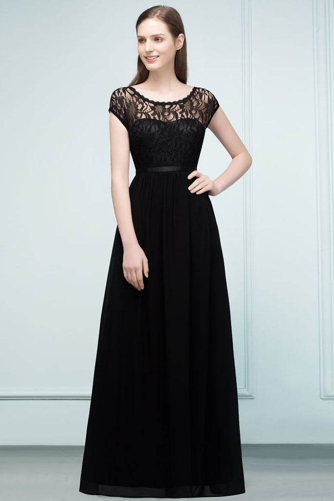 Short Sleeves Lace A-line Floor Length Bridesmaid Dresses with Sash Hover Image