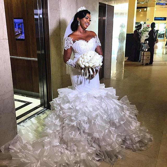 Short sleeves Off-the-Shoulder Mermaid Wedding Dress with Ruffles Train by misshow.com