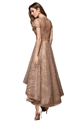 Vestido de cóctel de manga corta con lentejuelas y cuentas, corte alto-bajo