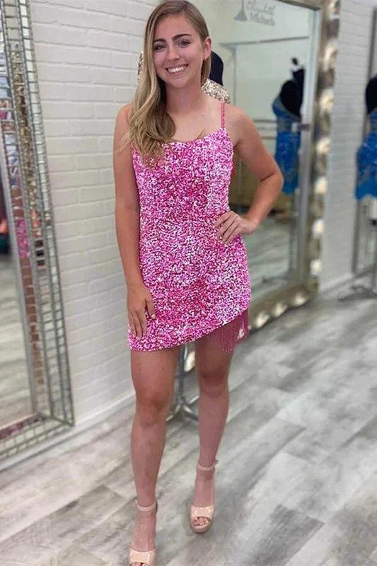 Short Spaghetti Straps Sleeveless Sequined Prom Dresses by misshow.com