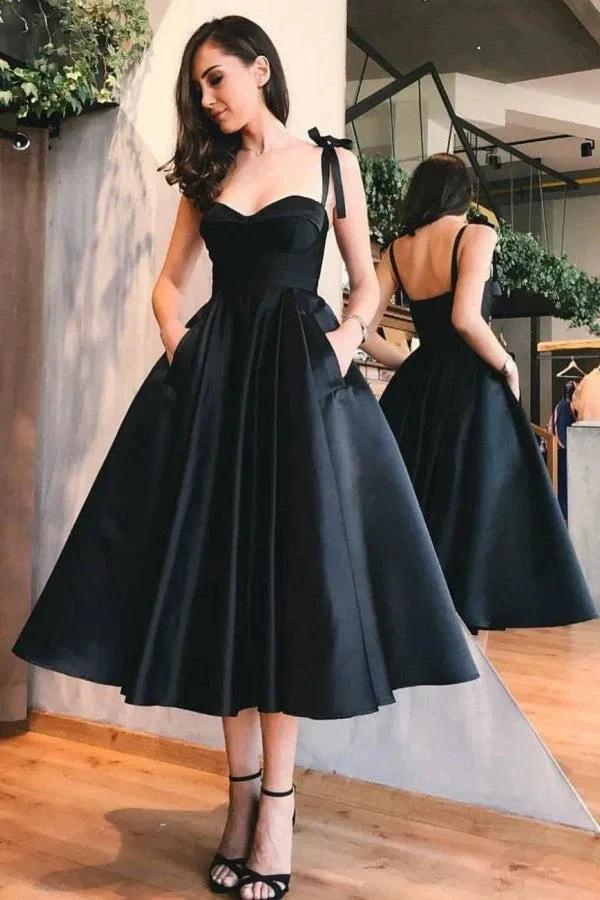 Short Sweetheart Satin Backless Black Prom Dress with Pockets by BIZTUNNEL