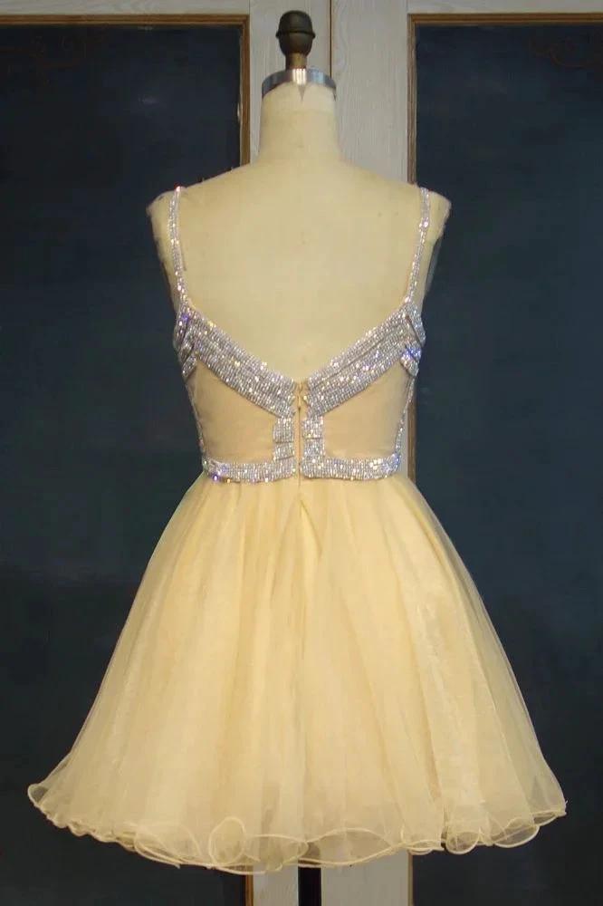Short Tulle A-line Spaghetti Sweetheart Sequined Prom Dresses by misshow.com