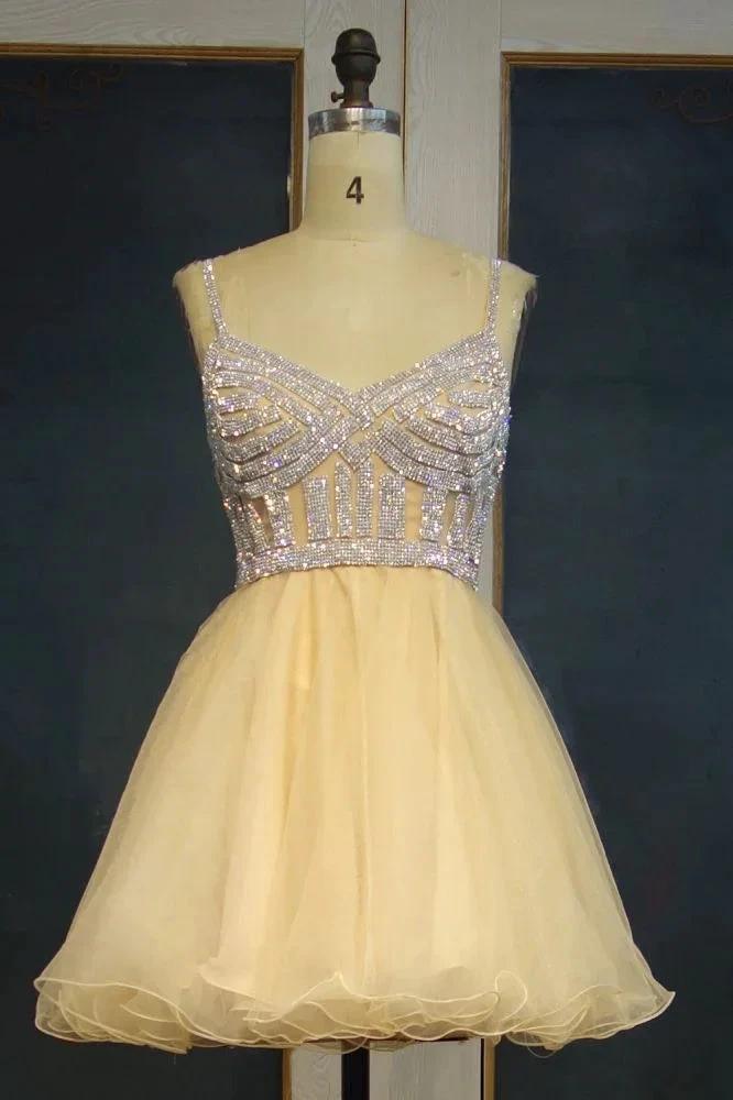 Short Tulle A-line Spaghetti Sweetheart Sequined Prom Dresses by misshow.com
