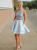 Short Two Piece A-line High Neck Satin Backless Prom Homecoming Dress with Pockets by BIZTUNNEL