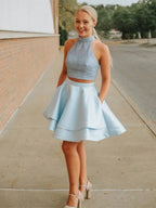 Short Two Piece A-line High Neck Satin Backless Prom Homecoming Dress with Pockets by BIZTUNNEL