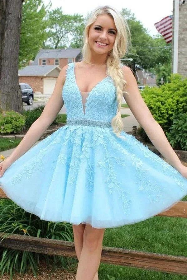 Short V-neck A-line Lace Backless Tulle Blue Prom Dress by BIZTUNNEL