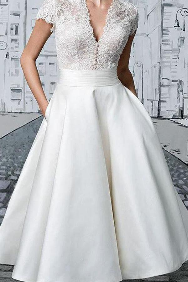 Short Wedding Dresses V-neck Lace Tea-length Ivory Simple Bridal Gown WD422 by pgmdress