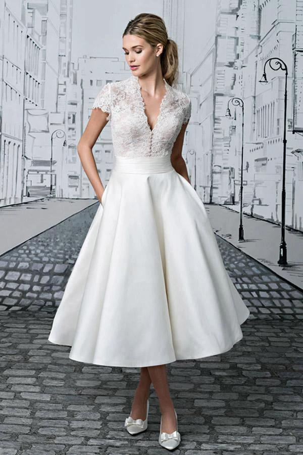 Short Wedding Dresses V-neck Lace Tea-length Ivory Simple Bridal Gown WD422 by pgmdress