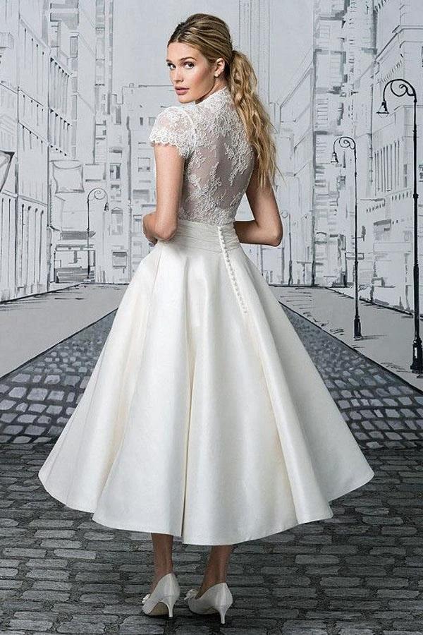Short Wedding Dresses V-neck Lace Tea-length Ivory Simple Bridal Gown WD422 by pgmdress